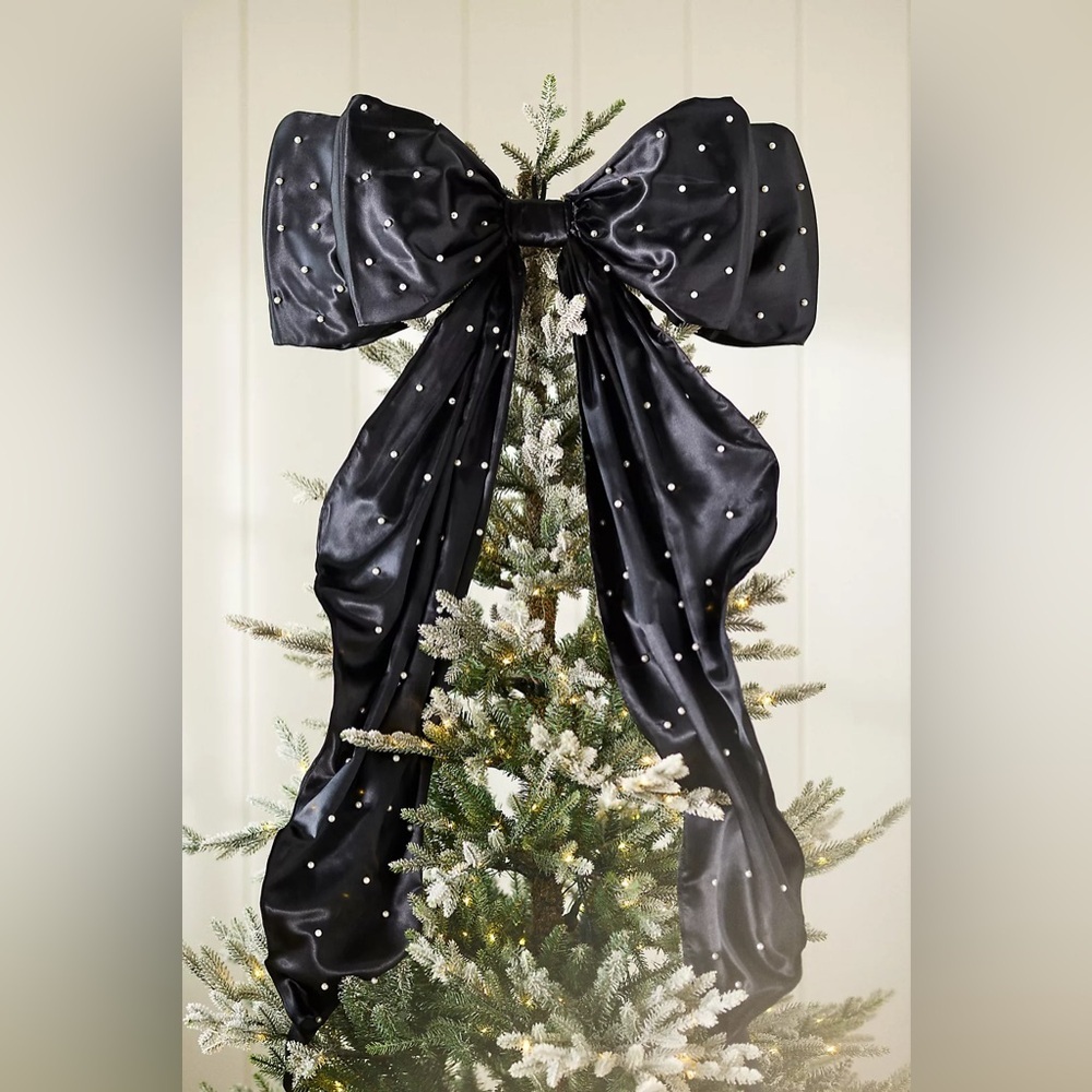 Anthropologie Large Bow Tree Topper Black Pearl Satin Romantic Ribbon New In Box